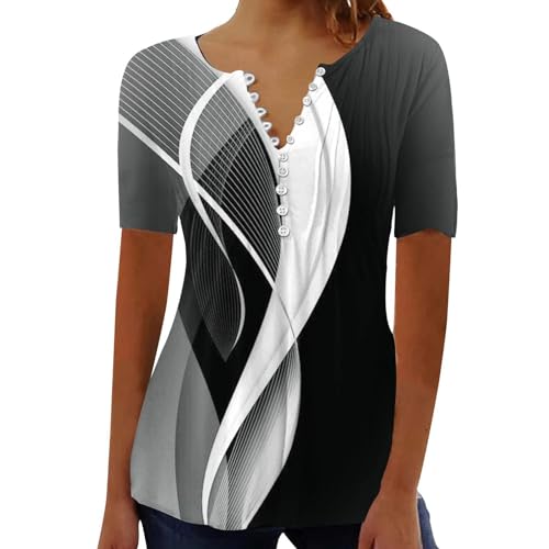 Cihdmfb Tshirt Damen 2024 Komfortabel Leichte T-Shirt Damen Vintage Blumen Druck V-Ausschnitt Bluse mit Knöpfe Sommer Kurzarm Floral Longshirt Elegant Falten Oberteile Tunika Tops(C Schwarz,4XL) von Cihdmfb
