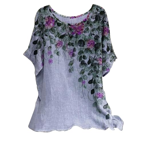 Cihdmfb Tshirt Damen Sommer Leinen Rundhals Kurzarm Vintage Bedrucktes T-Shirt Große Größen Leichte Atmungsaktive Musselin Bluse Lässige Locker Leinenbluse Weich Bequem Leinenhemd Top(C Lila,3XL) von Cihdmfb