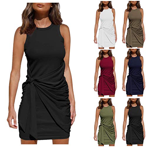 Cihdmfb Tshirt Kleid Damen Rundhals Stretch Slim Fit Party Kurzes Minikleid Elegant Sommer Einfarbig Kurzarm Shirtkleider Leicht Kurz Sommerkleider mit Seitlich Gebunden Freizeitkleid(F Schwarz,L) von Cihdmfb