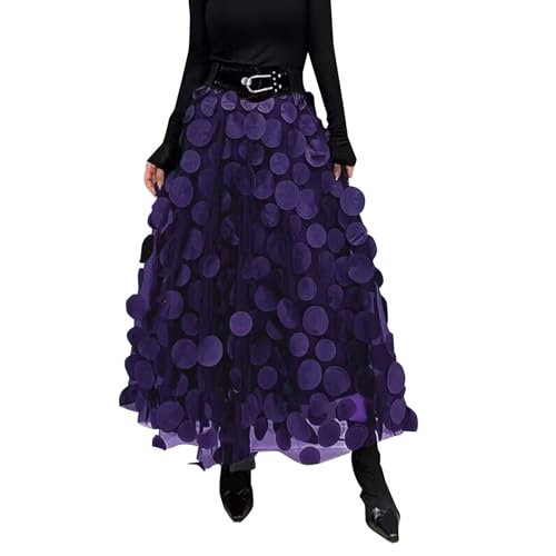 Cihdmfb Tüllrock Damen Vintage Solide A-Linien Halblanger Rock 3D Polka Dot Faltenrock Mesh Flowy Geburtstag Hochzeitsfeier Lang Rock Elastisch Hohe Taille Tutu Rock Lange Stufenröcke(A Lila,XXL) von Cihdmfb