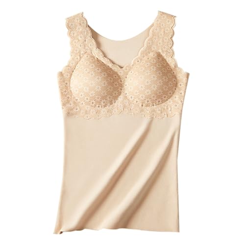 Cihdmfb Unterhemd Damen Slim Fit Warm BH-Hemd Blumen Spitze Stitching V-Ausschnitt Eingebauter BH Bügelloser Gepolstert Tank Tops für Frauen und Mädchen(A Beige,M) von Cihdmfb