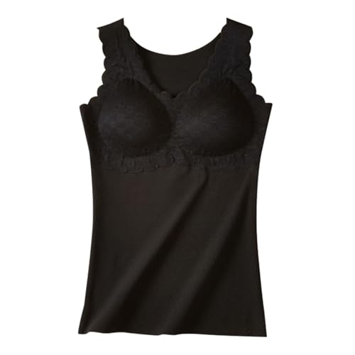 Cihdmfb Unterhemd Damen Slim Fit Warm BH-Hemd Blumen Spitze Stitching V-Ausschnitt Eingebauter BH Bügelloser Gepolstert Tank Tops für Frauen und Mädchen(A Schwarz,XXL) von Cihdmfb