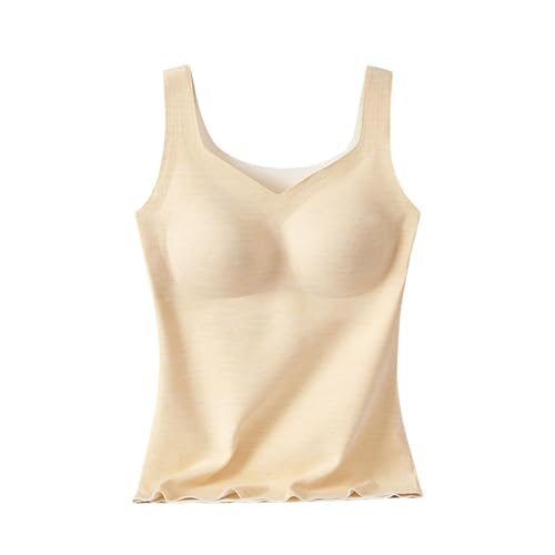 Cihdmfb Unterhemd Damen Slim Fit Warm BH-Hemd Blumen Spitze Stitching V-Ausschnitt Eingebauter BH Bügelloser Gepolstert Tank Tops für Frauen und Mädchen(C Beige,L) von Cihdmfb