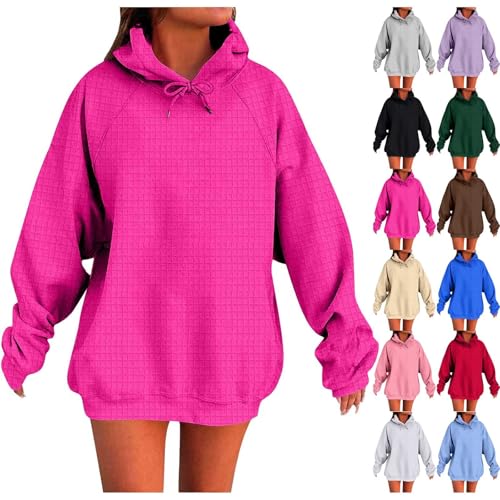 Cihdmfb Waffel Hoodie Damen Vintage Einfarbig Kapuzenpullover Winter Warm Sweatshirt mit Kapuze Teenager Mädchen Casual Langarm Pullover Sweatshirt Losoe Hoody mit Kapuze Oberteile Tops(Hot Rosa,5XL) von Cihdmfb