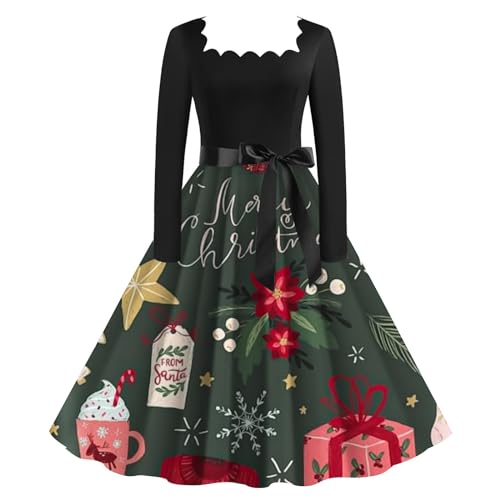 Cihdmfb Weihnachtskleid Damen Elegant Square Neck Langarm Weihnachtskleider Swing Cocktailkleid Hohe Taille A Linie Partykleid Weihnachtlich Bedruckt Festliche Kleider mit Schleife(B Grün,XXL) von Cihdmfb