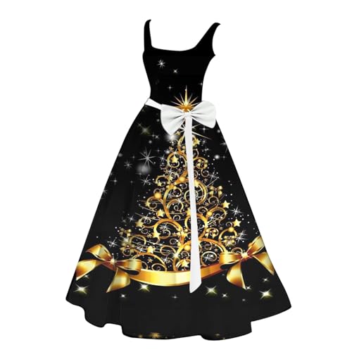 Cihdmfb Weihnachtskleid Damen Kleid mit Weihnachten Print Festkleid Sexy Rundhals Ärmellos A-Linie Swing Kleider Lässig Party Cocktailkleid Ärmelloser Damenkleid Partykleider Ballkleid(D Schwarz,M) von Cihdmfb