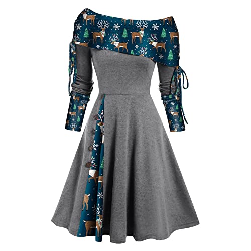 Cihdmfb Weihnachtskleid Damen Langarm Vintage Cabrio Ausschnitt mit Kordelzug Abendkleid mit Kordelzug A-Line Schulterfrei Weihnachten Druck Patchwork Freizeitkleid für Winter(B Grau,S) von Cihdmfb