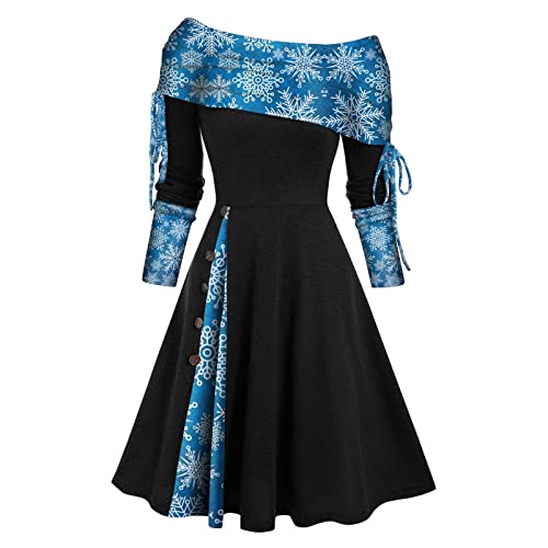 Cihdmfb Weihnachtskleid Damen Langarm Vintage Cabrio Ausschnitt mit Kordelzug Abendkleid mit Kordelzug A-Line Schulterfrei Weihnachten Druck Patchwork Freizeitkleid für Winter(F Schwarz,XXL) von Cihdmfb