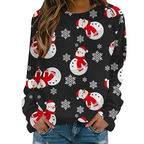 Cihdmfb Weihnachtspullover Damen Weihnachten Cartoons Print Sweatshirt Weihnachtspulli Rundhals Langarm Weihnachten Pullover Casual Christmas Sweat Oberteile Teenager Mädchen Pulli Tops(F Negro,4XL) von Cihdmfb