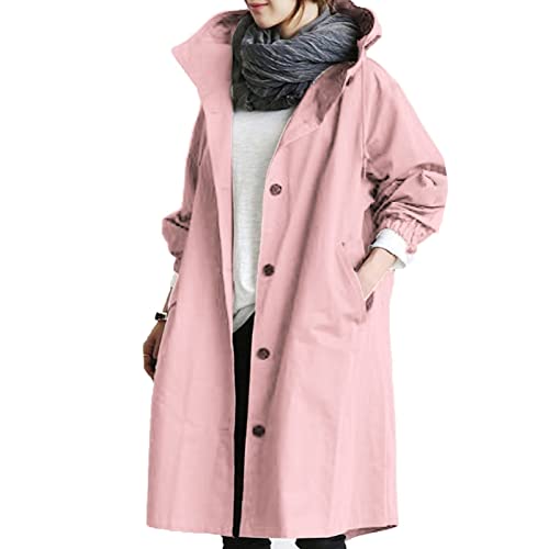 Cihdmfb Windbreaker Damen Elegant Einfarbig Langarm Lange Jacke Parka Leicht Jacke mit Kapuze Lang Übergangsjacke Atmungsaktiv Bequem Outdoorjacke Winddicht Mantel (B Rosa,3XL) von Cihdmfb