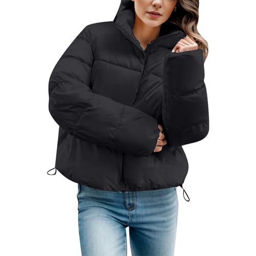 Cihdmfb Winterjacke Damen Einfarbig Kurz Übergangsjacke Gefüttert Langarm Reißverschluss Herbst-Wintermantel Winter Dicke Warm Langarm Sweatjacke ohne Kapuze Jacke Mantel Streetwear(F Schwarz,M) von Cihdmfb