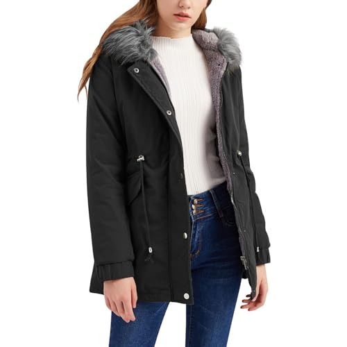 Cihdmfb Winterjacke Damen Elegant Einfarbig Lang Steppmantel Gefüttert Wintermantel Winter Jacke mit Kapuze Verdicken Gefüttert Warm Jacke Mantel mit ReißVerschlüSse und Knöpfe(A Schwarz,5XL) von Cihdmfb