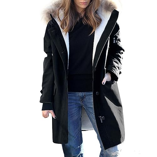 Cihdmfb Winterjacke Damen Elegant Einfarbig Lang Steppmantel Gefüttert Wintermantel Winter Jacke mit Kapuze Verdicken Gefüttert Warm Jacke Mantel mit ReißVerschlüSse und Knöpfe(B Schwarz,5XL) von Cihdmfb