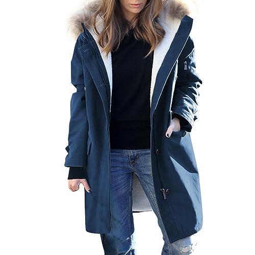 Cihdmfb Winterjacke Damen Elegant Einfarbig Lang Steppmantel Gefüttert Wintermantel Winter Jacke mit Kapuze Verdicken Gefüttert Warm Jacke Mantel mit ReißVerschlüSse und Knöpfe(B Blau,5XL) von Cihdmfb