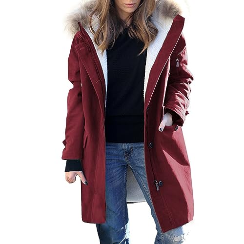 Cihdmfb Winterjacke Damen Elegant Einfarbig Lang Steppmantel Gefüttert Wintermantel Winter Jacke mit Kapuze Verdicken Gefüttert Warm Jacke Mantel mit ReißVerschlüSse und Knöpfe(B Rot,5XL) von Cihdmfb