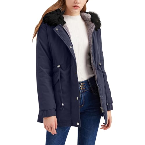 Cihdmfb Winterjacke Damen Elegant Einfarbig Lang Steppmantel Gefüttert Wintermantel Winter Jacke mit Kapuze Verdicken Gefüttert Warm Jacke Mantel mit ReißVerschlüSse und Knöpfe(A Blau,L) von Cihdmfb
