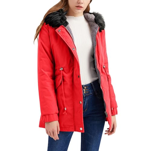 Cihdmfb Winterjacke Damen Elegant Einfarbig Lang Steppmantel Gefüttert Wintermantel Winter Jacke mit Kapuze Verdicken Gefüttert Warm Jacke Mantel mit ReißVerschlüSse und Knöpfe(A Rot,4XL) von Cihdmfb
