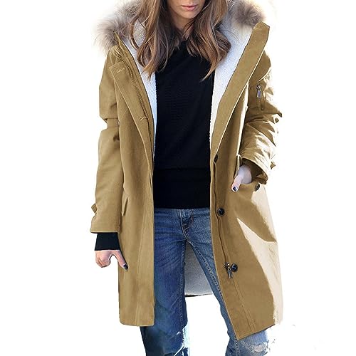 Cihdmfb Winterjacke Damen Elegant Einfarbig Lang Steppmantel Gefüttert Wintermantel Winter Jacke mit Kapuze Verdicken Gefüttert Warm Jacke Mantel mit ReißVerschlüSse und Knöpfe(B Khaki,XL) von Cihdmfb