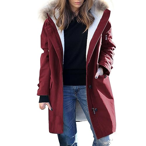 Cihdmfb Winterjacke Damen Elegant Einfarbig Lang Steppmantel Gefüttert Wintermantel Winter Jacke mit Kapuze Verdicken Gefüttert Warm Jacke Mantel mit ReißVerschlüSse und Knöpfe(B Rot,XXL) von Cihdmfb