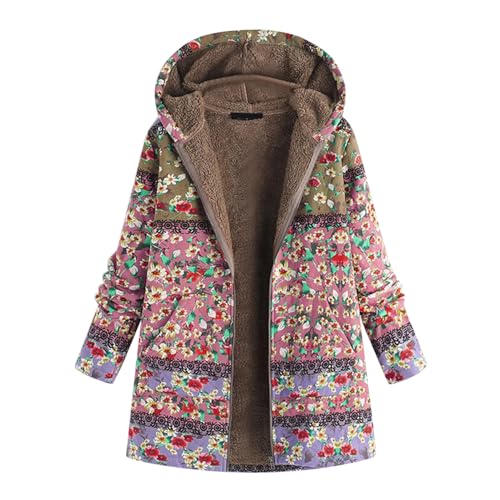 Cihdmfb Winterjacke Damen Große Größe Kapuzenjacke Lang Hoodie Winter Warm Dicke Übergangsjacke mit Reißverschluss Vintage Blume Ethno-Muster-Stil Fleece Wintermantel Outdoorjacke(A Rosa,5XL) von Cihdmfb