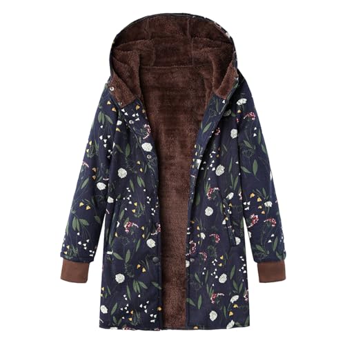 Cihdmfb Winterjacke Damen Große Größe Kapuzenjacke Lang Hoodie Winter Warm Dicke Übergangsjacke mit Reißverschluss Vintage Blume Ethno-Muster-Stil Fleece Wintermantel Outdoorjacke(B Blau,4XL) von Cihdmfb