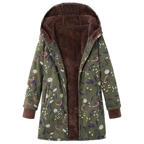 Cihdmfb Winterjacke Damen Große Größe Kapuzenjacke Lang Hoodie Winter Warm Dicke Übergangsjacke mit Reißverschluss Vintage Blume Ethno-Muster-Stil Fleece Wintermantel Outdoorjacke(B Grün,XL) von Cihdmfb