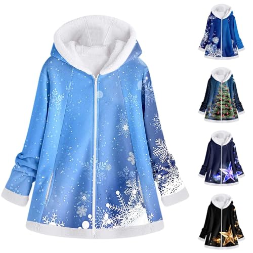 Cihdmfb Winterjacke Damen Lang Winter Weihnachten Druck Warm Dicke Fleecejacke Wintermantel Sweatjacke Langarm Hoodie Jacke Lose Cardigan Outwear Fleece Kapuzenjacke mit Taschen(B Blau,S) von Cihdmfb