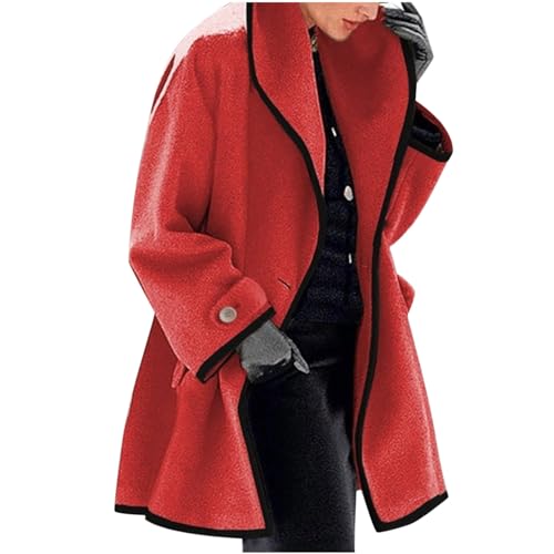 Cihdmfb Winterjacke Damen Lange Warme Wollmantel Winter Basic Einfarbige Trenchcoat Cardigan Wintermantel mit einem Knopf Langarm Shirts Übergangsjacke Windjacke Streetwear(B Rot,5XL) von Cihdmfb