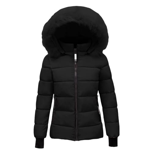 Cihdmfb Winterjacke Damen Leichte Dicke Warme Wintermantel Mit Fellkapuze Oversized Winter Kurz Winterparka Steppmantel Basic Einfarbig Winddichter Mantel Outdoor Gesteppter Jacken(A Schwarz,3XL) von Cihdmfb