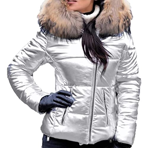 Cihdmfb Winterjacke Damen Winter Stepp Kurz Mantel Stepp Parka Kapuze Steppjacke Jacke Leichte Übergangsjacke Elegant Solide Wintermantel Dicke Warme Kunstpelzkapuze Mantel Mit Taschen(A Silber,3XL) von Cihdmfb