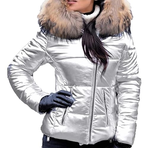 Cihdmfb Winterjacke Damen Winter Stepp Kurz Mantel Stepp Parka Kapuze Steppjacke Jacke Leichte Übergangsjacke Elegant Solide Wintermantel Dicke Warme Kunstpelzkapuze Mantel Mit Taschen(A Silber,XXL) von Cihdmfb