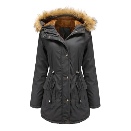 Cihdmfb Wintermantel Damen Einfarbig Lange Steppjacke Winter Warm Winterjacke Dicker Parka mit Fell Kapuze Winterparka Kunstfellkragen Casual Loose Jacke Oversized Fleecefutter Mantel(B Grau,L) von Cihdmfb