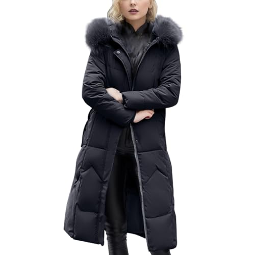 Cihdmfb Wintermantel Damen Lange Winterjacke Warm Steppjacke Mit Kapuze Retro Einfarbig Lang Jacke Mantel Knielang Winterparka Winter Baumwolljacke mit Reißverschluss und Tasche(E Schwarz,4XL) von Cihdmfb