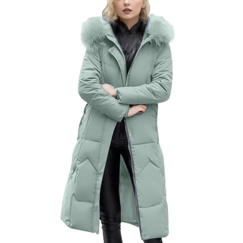 Cihdmfb Wintermantel Damen Lange Winterjacke Warm Steppjacke Mit Kapuze Retro Einfarbig Lang Jacke Mantel Knielang Winterparka Winter Baumwolljacke mit Reißverschluss und Tasche(E Grün,4XL) von Cihdmfb