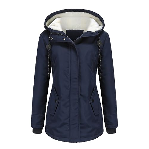 Cihdmfb Wintermantel Damen Winter Dicke Warme Gefüttert Teddy-Fleece Mantel mit Reißverschluss üBergangsjacke Mode Einfarbig Outdoorjacke Loose Fit Winterjacke Mantel mit Kapuze(D Blau,4XL) von Cihdmfb