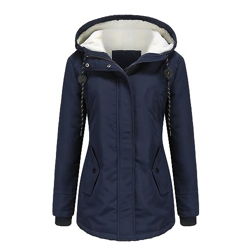 Cihdmfb Wintermantel Damen Winter Dicke Warme Gefüttert Teddy-Fleece Mantel mit Reißverschluss üBergangsjacke Mode Einfarbig Outdoorjacke Loose Fit Winterjacke Mantel mit Kapuze(D Blau,XXL) von Cihdmfb