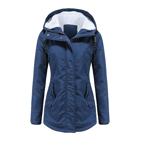 Cihdmfb Wintermantel Damen Winter Dicke Warme Gefüttert Teddy-Fleece Mantel mit Reißverschluss üBergangsjacke Mode Einfarbig Outdoorjacke Loose Fit Winterjacke Mantel mit Kapuze(D Marineblau,4XL) von Cihdmfb