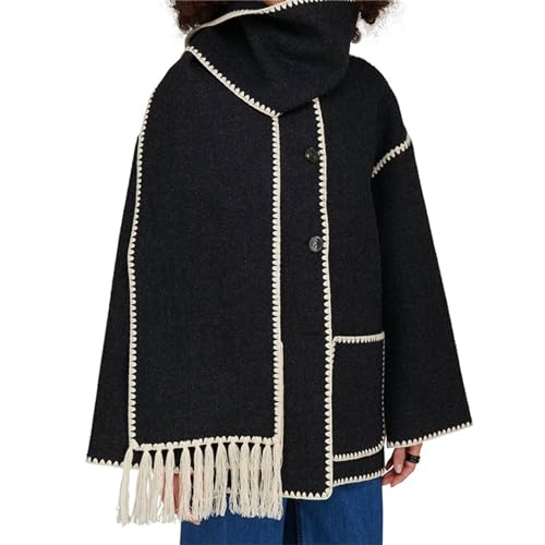 Cihdmfb Wintermantel Damen Winter Lose Fit Fringe Schal Kragen Mantel Dame Elegant Einfarbig Outwear Jacke Quaste Schal Kragen Einreiher Mäntel Woll Stickerei Jacke(A Weiß,M) von Cihdmfb