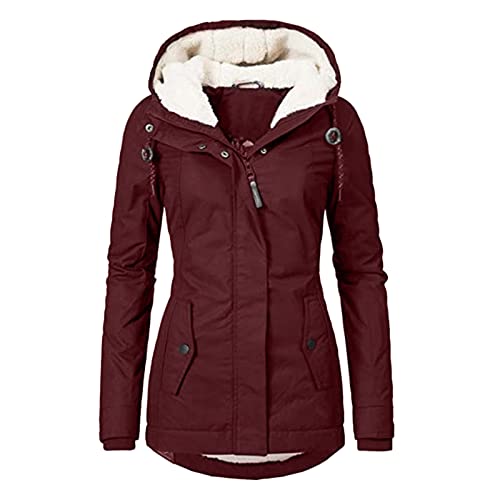 Cihdmfb Wintermantel Damen Winter Warm Gefüttert Fleece Parka Mittellang Winterjacke Winterparka Langarm Casual Steppjacke mit Kapuze Outdoor Dicke Trachtenjacke Coat Große Größe(C Rot,XXL) von Cihdmfb