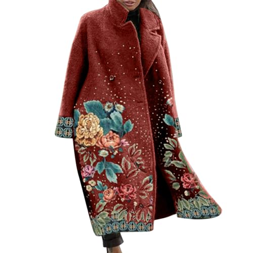 Cihdmfb Wollmantel Damen Oversize Winter Mittellanger Mantel Vintage Einfarbig Wollmantel Revers Outwear Mit Taschen Slim Fit Warm Wintermantel Dicke Warme Lang Coat Outwear mit Gürtel(K Rot,XXL) von Cihdmfb