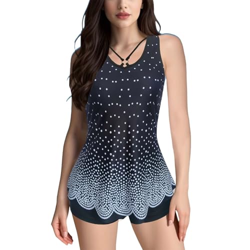 Cihdmfb Zweiteiler Badeanzug Damen Bauchweg Badeanzüge Große Größen U-Ausschnitt Tankini Set Vintage Blumen Print Bademode Swimsuit Strandkleidung Tankini Oberteil mit Badeshorts(Schwarz,XL) von Cihdmfb