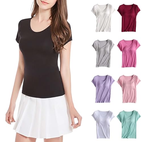 Damen Tshirt mit integriertem BH Große Größen Rundhals Eingebauter BH Bügelloser Gepolstert Oberteile Elegant Einfarbig Kurzarm Sport Shirts Loose Fit Bluse Summer Shirt Tops(A Schwarz,4XL) von Cihdmfb
