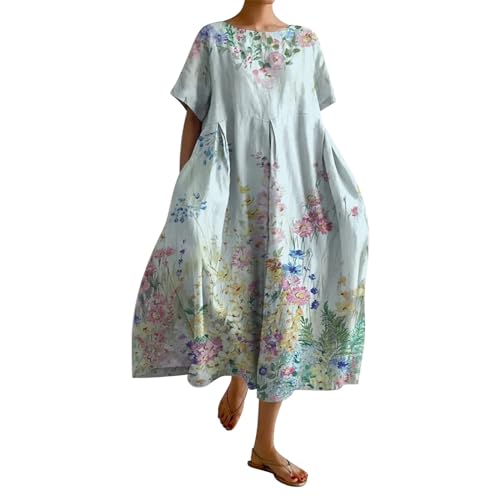 Sommerkleid Cihdmfb Damen Sommer Vintage Blumen Print Lange Blusenkleid Tunika Kleider Große Größen Rundhals 3/4 Ärmel Strandkleider Casual Sommerkleider Maxikleid Lose Freizeitkleider(C Hellblau,4XL) von Cihdmfb