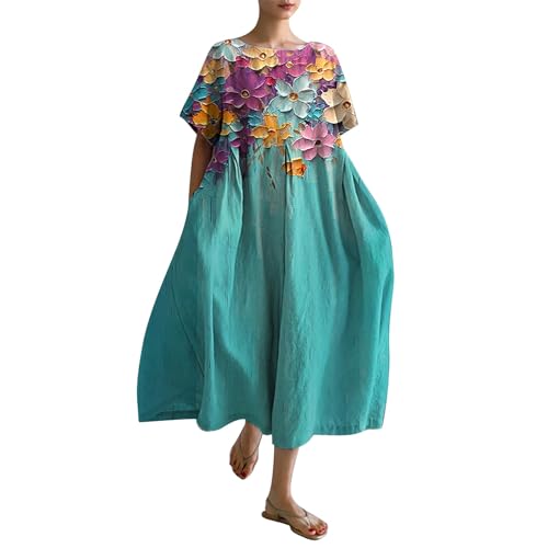 Sommerkleid Cihdmfb Damen Sommer Vintage Blumen Print Lange Blusenkleid Tunika Kleider Große Größen Rundhals 3/4 Ärmel Strandkleider Casual Sommerkleider Maxikleid Lose Freizeitkleider(F Mintgrün,5XL) von Cihdmfb