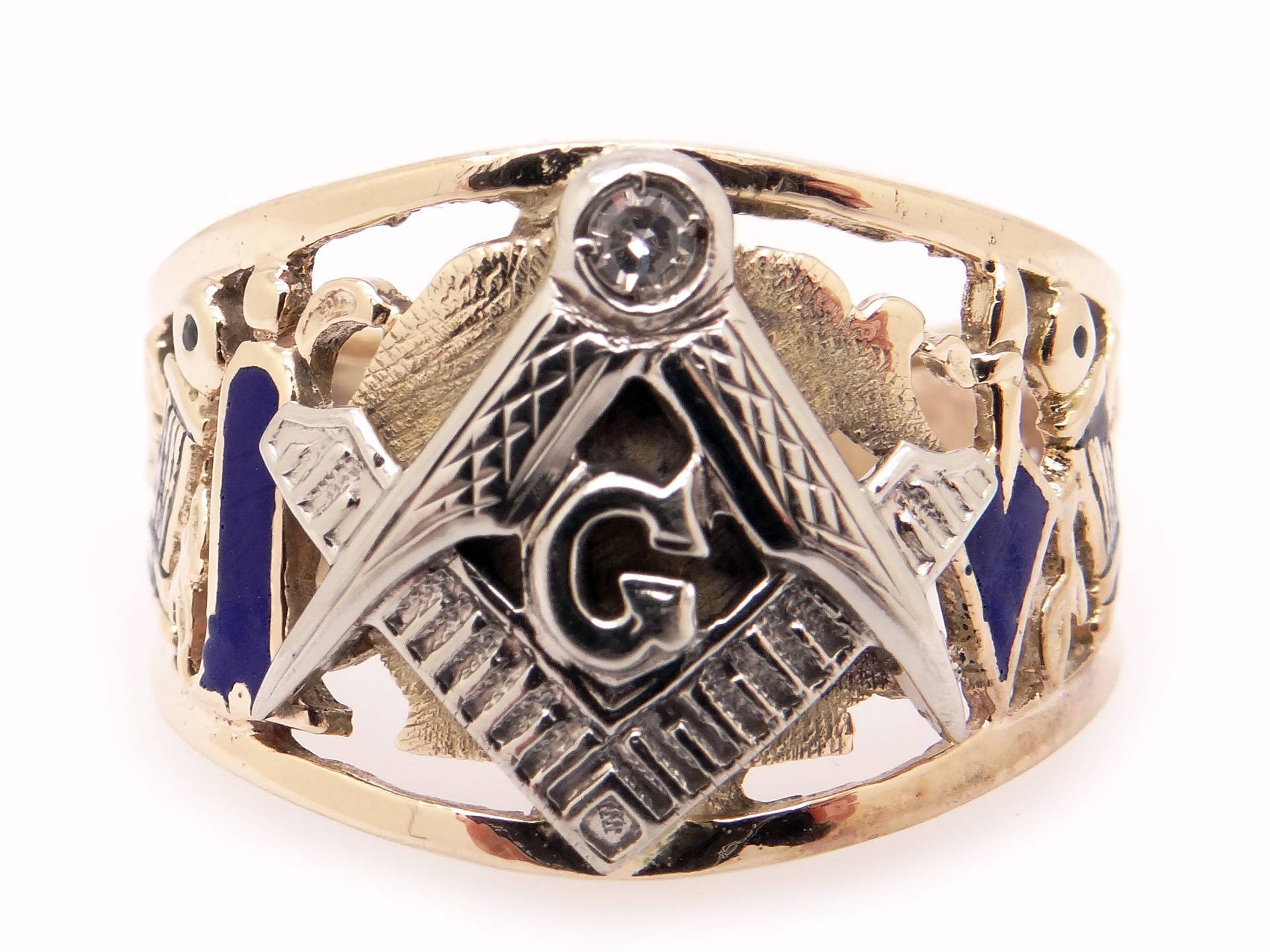 Herren 10K Gelb Weiß Gold Masonic Emaille Diamant Ring Größe 8, 75 von CileoneJewelers