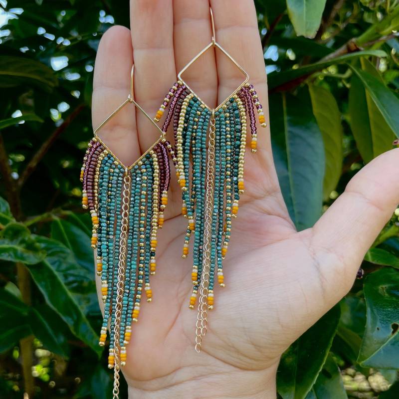 Auffällige Lange Boho Fransenohrringe Perlenohrringe Aus Glasperlen Grün Lila Orange Unikat von Ciliabeads