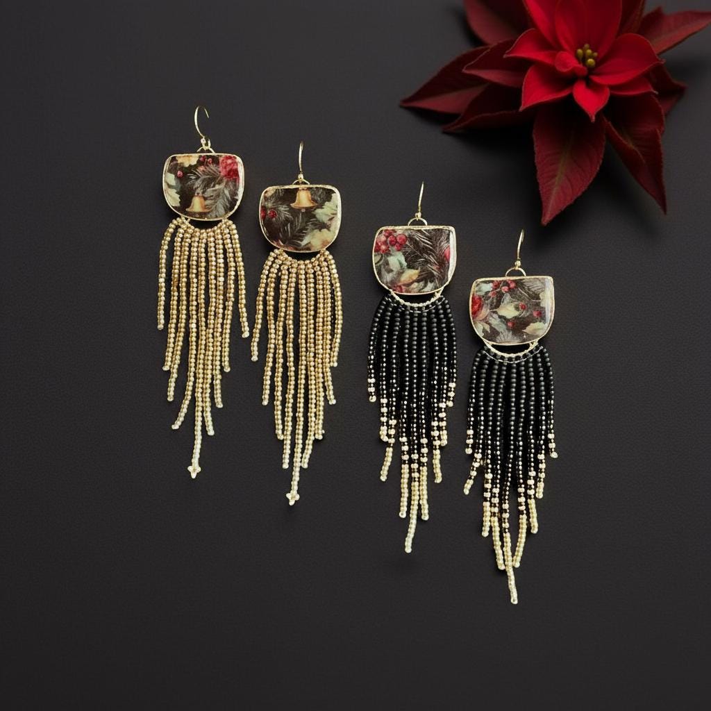 Lange Weihnachts-Ohrringe Aus Miyuki-Perlen | Handgemachte Fransenohrringe Gold Oder Schwarz Eleganter Weihnachtsschmuck Polymer Clay von Ciliabeads