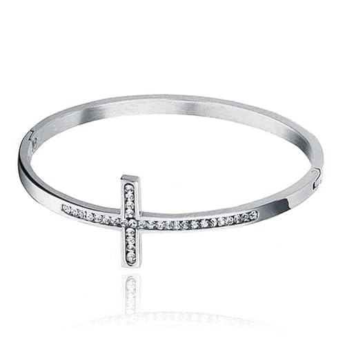 Silber Armreif Damen Armband Edelstahl mit Strass und Kreuz von Cilla Jewels