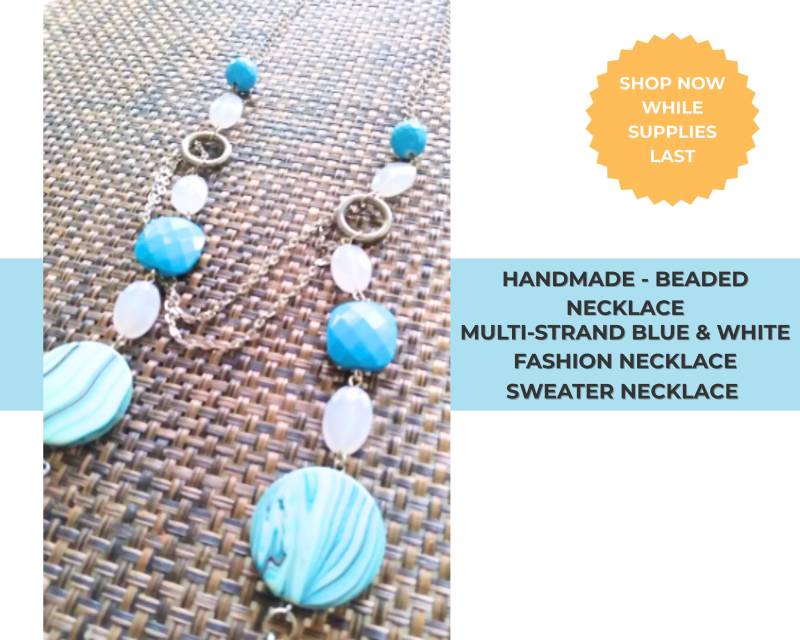 Acryl Perlen Mehrsträngige Halskette Blau & Weiß Pullover Schmuck von CillaArtCreations