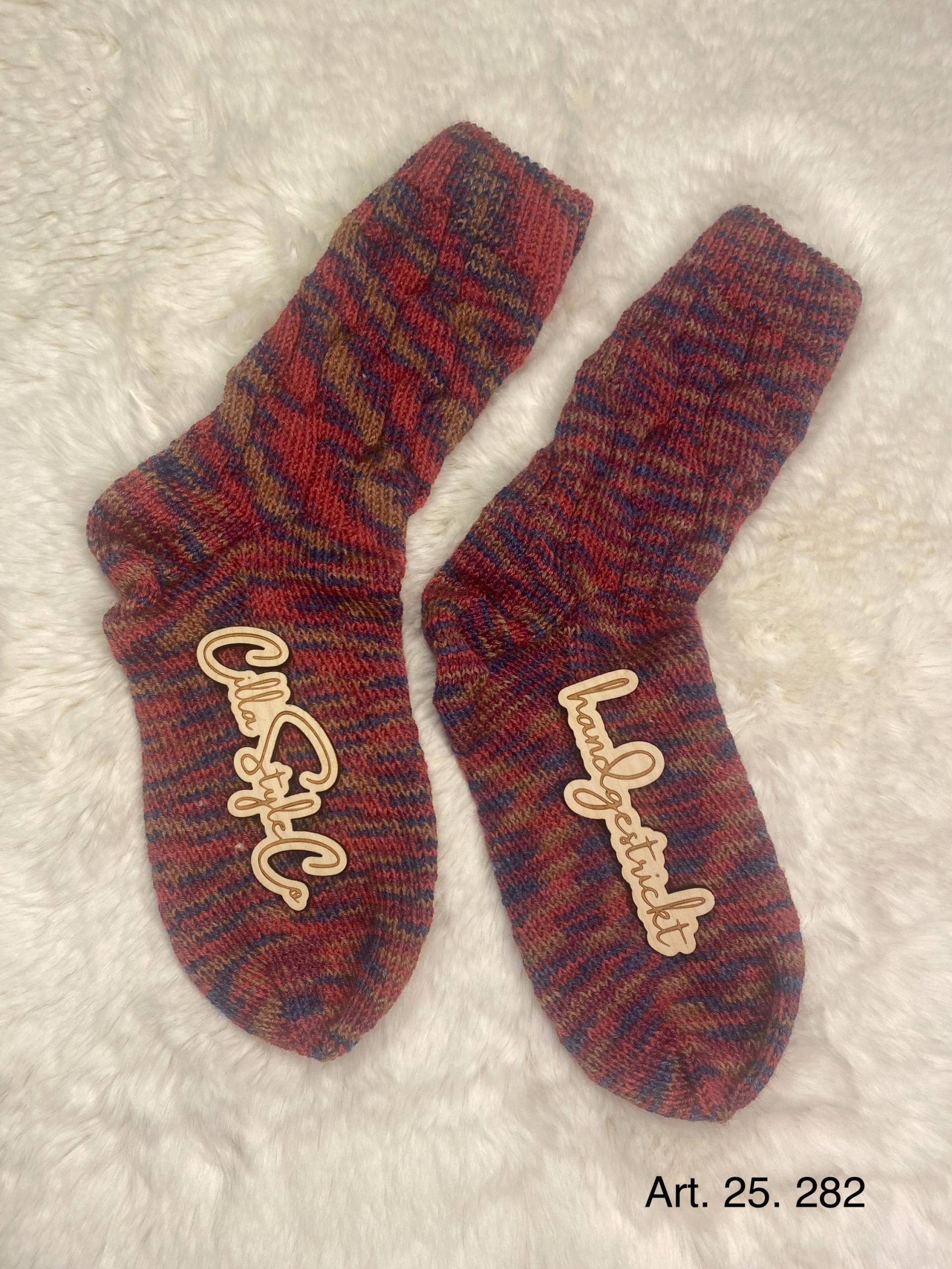 Stricksocken, Strümpfe, Socken, Selbstgestrickt, Geschenk Für Erwachsene, Gr. 40/41, Rot - U. Blautöne, Handgestrickt, Artikelnr. 25 282 von CillaStyleCo